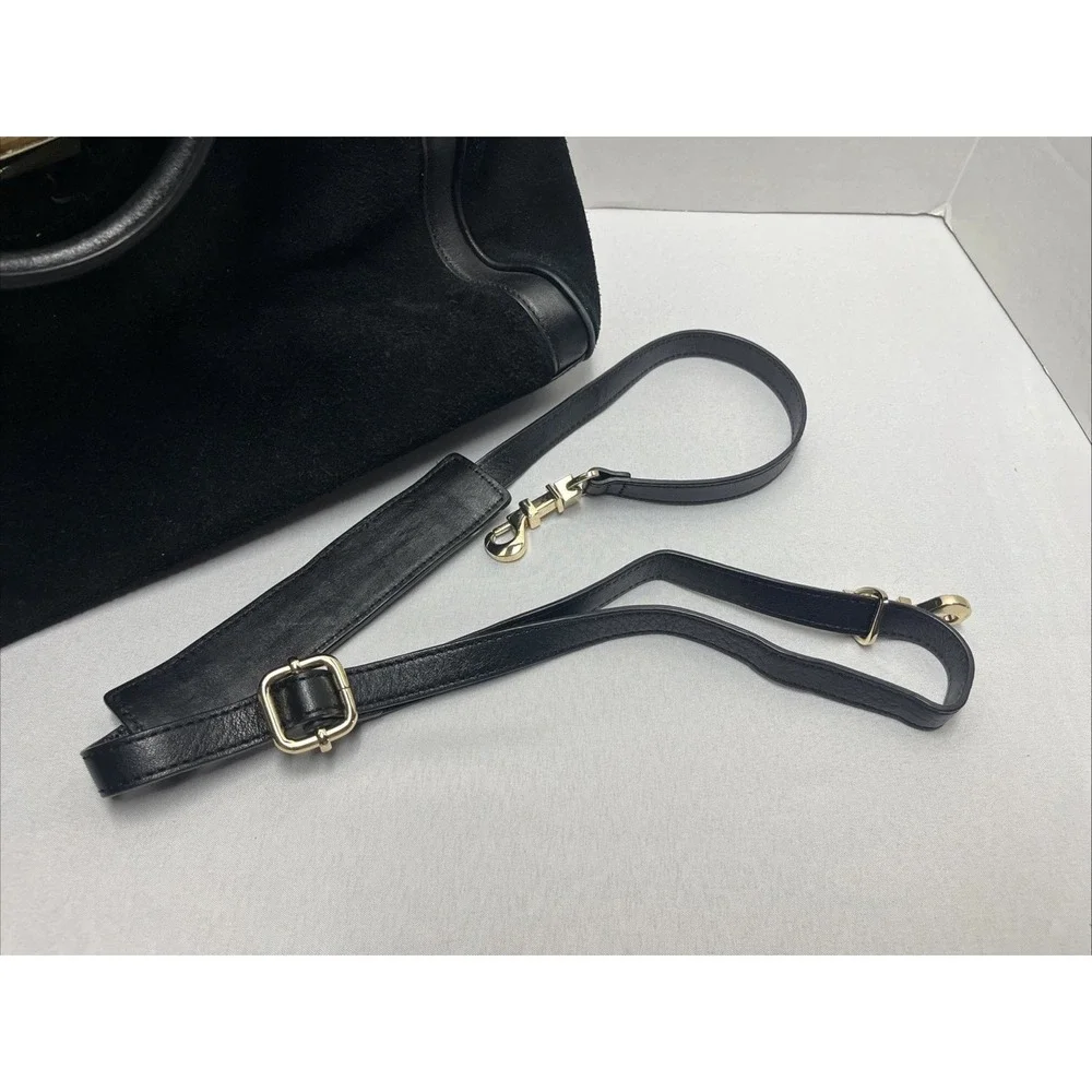 Tory Burch Gloria Satchel Black Bag Suede Leather Purse 2-Way w Detach Strap - Picture 6 of 7